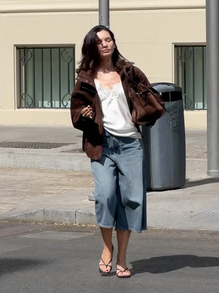 

Solid Brown Short Suede Jacket Women Fashion Full Sleeve Lapel Zipper Pocket Loose Jackets 2025 Autumn Daily Commute Street Coat