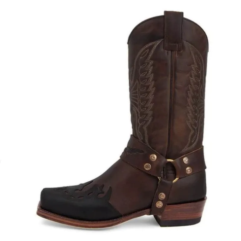 Herren Western-Cowboystiefel mit Quadratischer Zehenkappe, Retro-Stickerei, Halbhohe Ritterstiefel mit Schnallenriemen, Niedriger Absatz, Outdoor-Herrenschuhe Neu 2026 – Detail 5