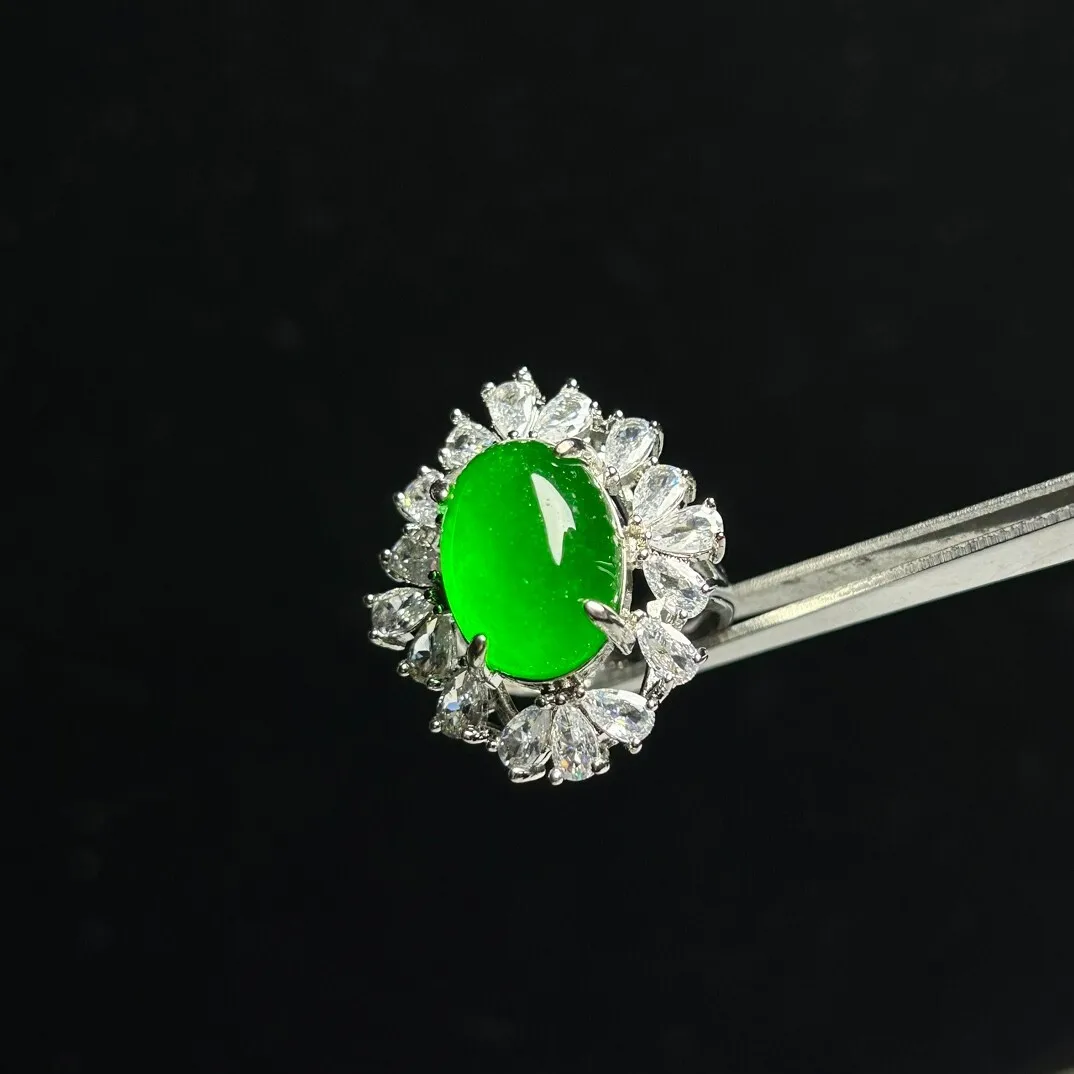 Natural inlay (Grade A) Ice Green Burmese Jade Jadeite lucky Amulet Rings