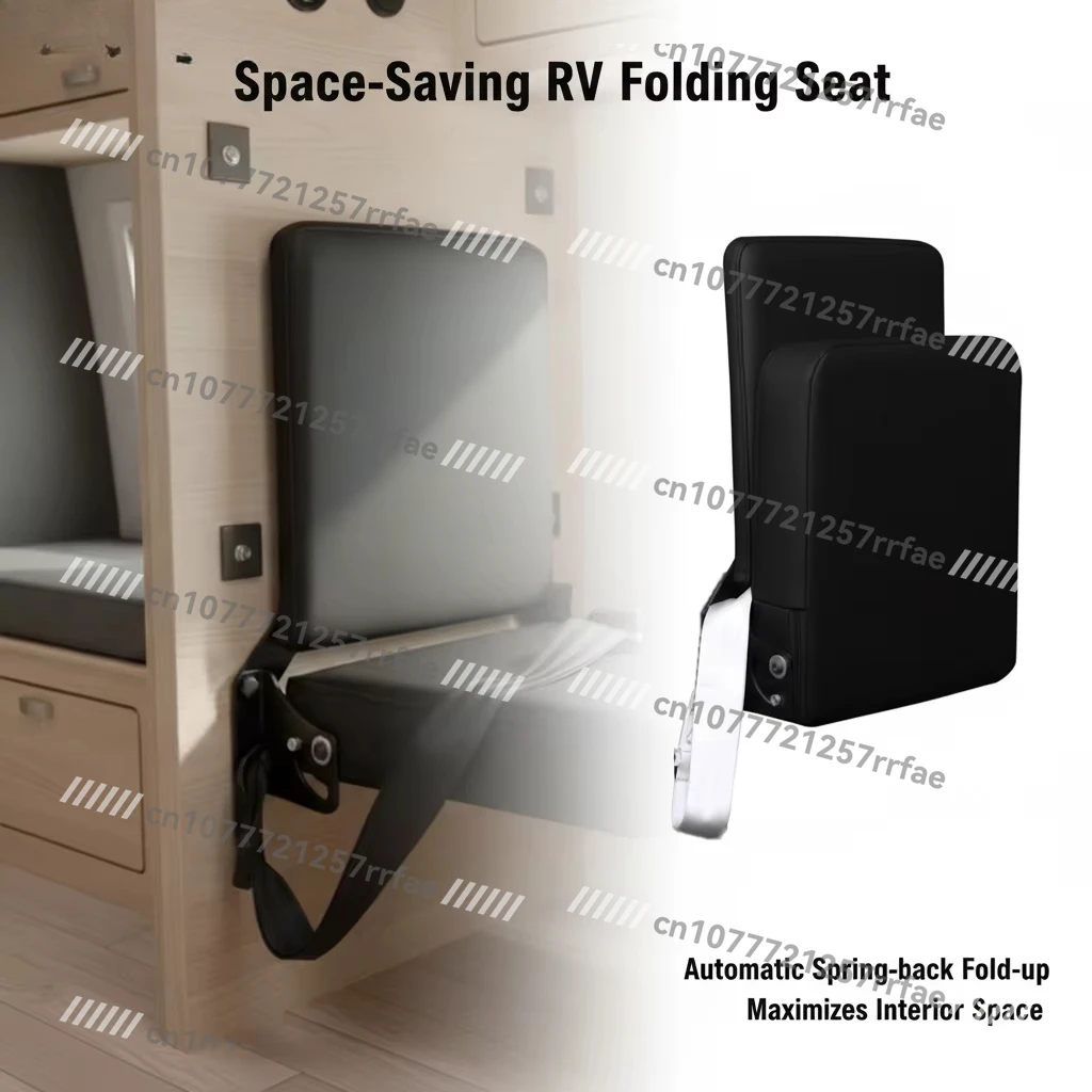 Black Leather Wall-mounted Self-folding Jump Seat with Seat Belt, Self-rebounding Steel Frame Chair for Ambulances and Motorhome