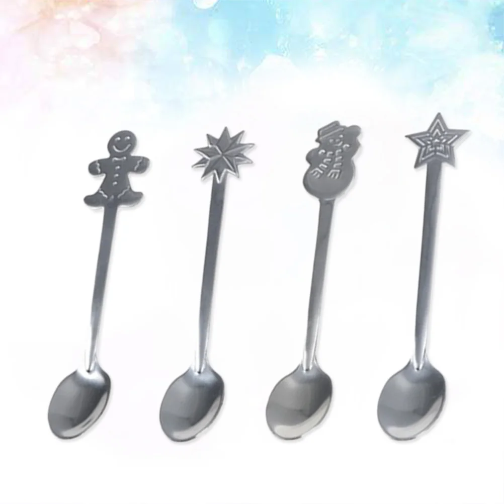 

4 Pcs Coffee Scoop Christmas Spoon Cute Xmas Cartoon Stainless Steel Silver Child