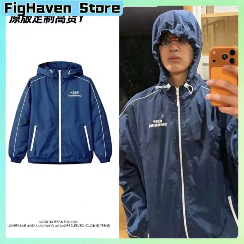 

Navy Reflective Stripe Hooded Windbreaker Letter Print Zip Up Loose Sports Jacket Unisex Casual Outdoor Coat For Men Women