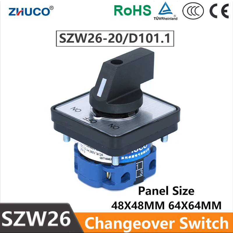 ZHUCO SZW26/LW26-20 20A 660V 1 Pole ON OFF ON  Power Supply 3 Gear Mechanical Changeover Selector Universal Cam Switch For Motor