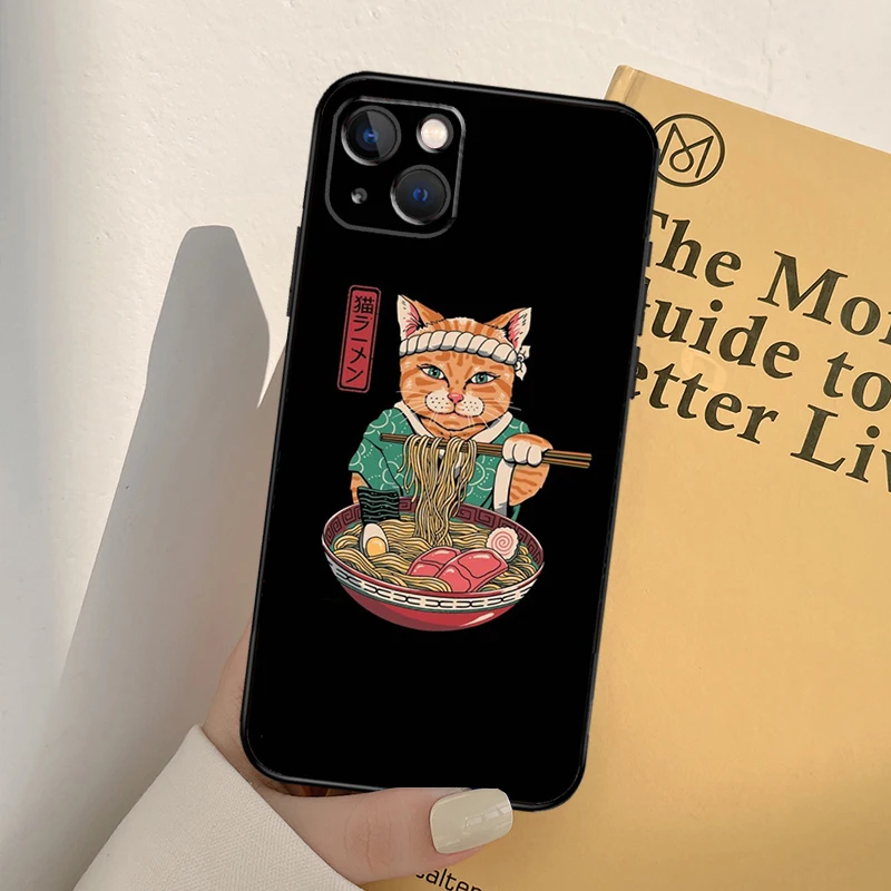 Japanese Samurai Cat Neko Ramen Anime Phone Case For iPhone 14 13 12 11 Pro Max SE X Xs Max XR 7 8 Plus Cover Shockproof Fundas