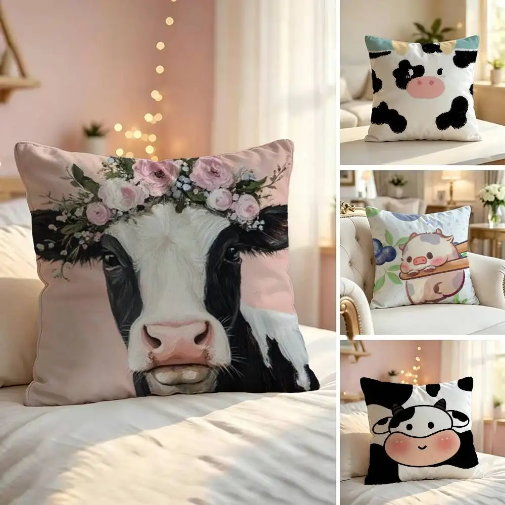 Cute Cartoon Cow Soft Pillow Shell For Sofa Living Space Bedroom Headboard Backrest Square Cushion Cozy