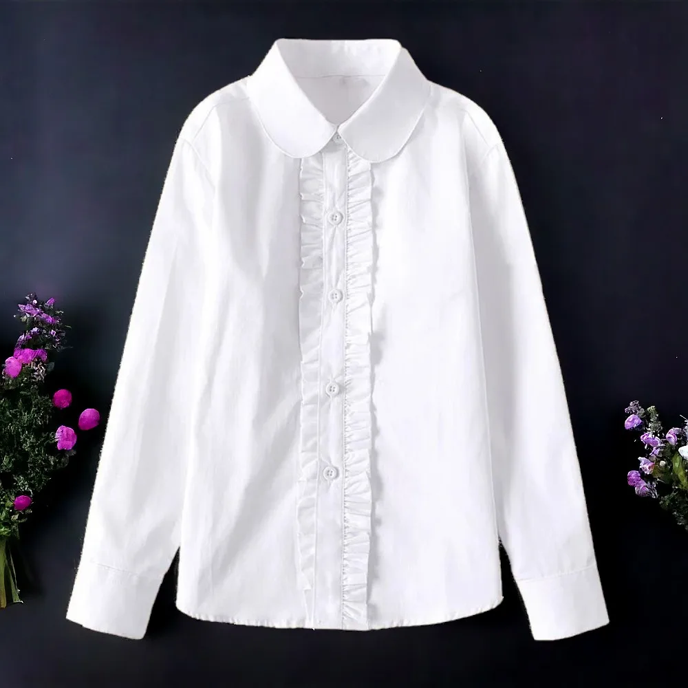 Kids Girls White Shirts for Students Uniform Long Sleeve Cotton Blouse Teenagers School Child Clothes 8 10 12 14 Years Vestidos