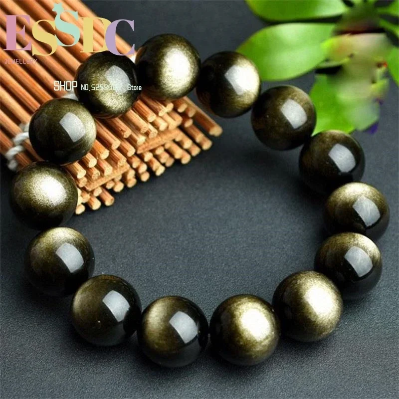 

18mm Big Genuine Natural Stone Gold Obsidian Round Beads For Women And Men Charm Elastic Powerful Stretch Bracelet