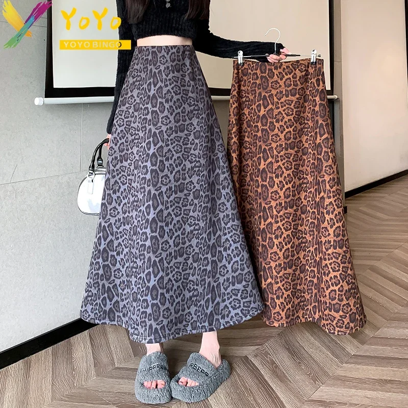 Elegant Retro Leopard Print High Waist Thickened Skirt Autumn/winter 2024 Fashion Temperament Chic A-shaped Ankle Skirt