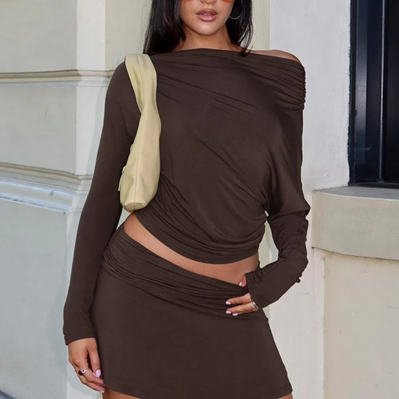 Sexy Skew Neck Off Shoulder Shirring T Shirt Women Long Sleeves Bottoming Shirt Ladies Tee Shirt Tops Camisetas Mujer