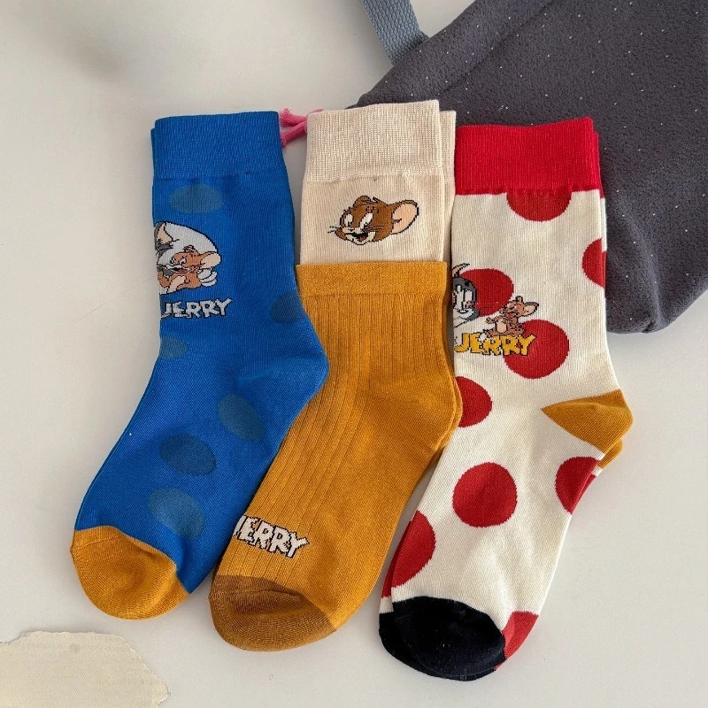 Calcetines de algodón con estampado de lunares, diseño de Tom y Jerry, calcetines de caña corta, calcetines de moda, calcetines casuales, para uso diario, regalos.