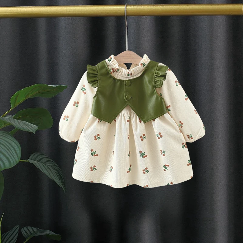 ملابس طفلة الربيع والخريف سترة جلدية جديدة التصحيح تنورة طفلة مطبوعة تنورة طويلة الأكمام عادية #2