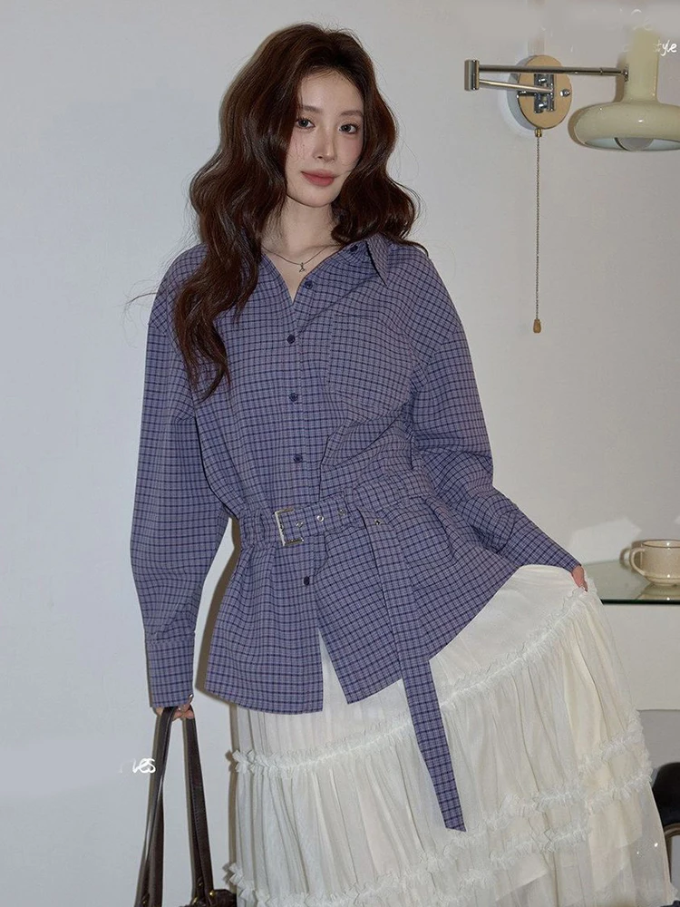 Vintage Purple Plaid Shirts Women Spring Autumn Long Sleeve Casual Belt Blouse Female Retro Loose Button Office Lady Korean Tops