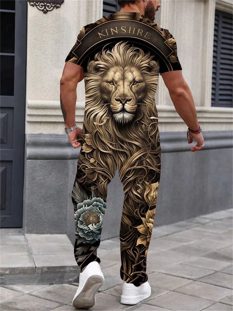 Mens Suit Round Neck Short Sleeve Long Pants Set Fierce Lion Print Personalized Trend Street Party Clothing Two Piece Suit