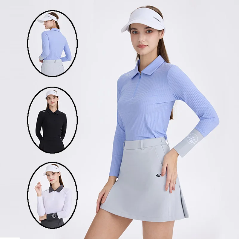 AW Autumn Women's Long-Sleeve Polo Shirt Spring Soft Golf Wear Slim Stretch UV-Protective Breathable T-Shirt Zipper Collar Tops