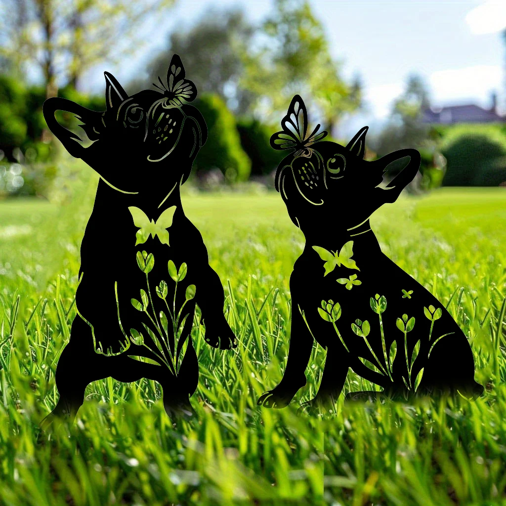 2D 2pcs Outdoor Metal Dog Garden Decor, French Bulldog Gift for Dog Lovers, Metal Black Silhouette Decorative Garden Stakes
