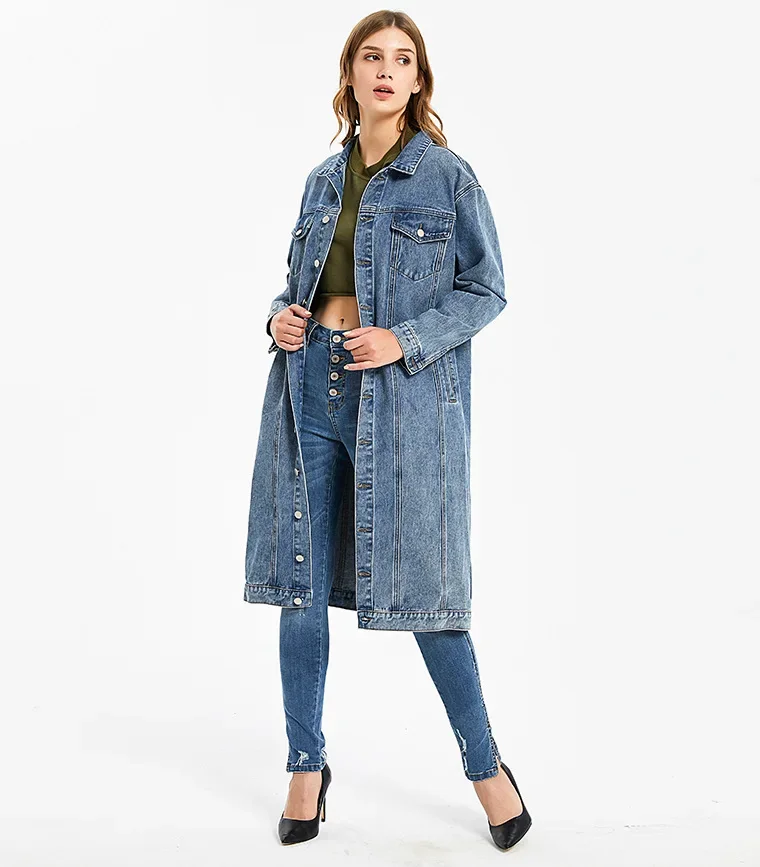 Womens Classic Long Jean Jacket Plus Size Loose Long Sleeve Button Down Denim Jacket Trench Coat