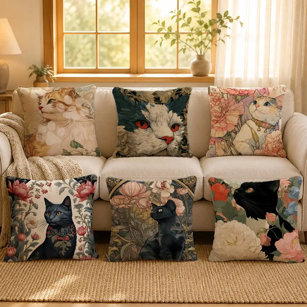 Art Mucha Cats Dogs Vintage Cushion Cover Personalized Short Plush Cushion Cover Sofa Pillowcase Bedroom Home Decor Gift