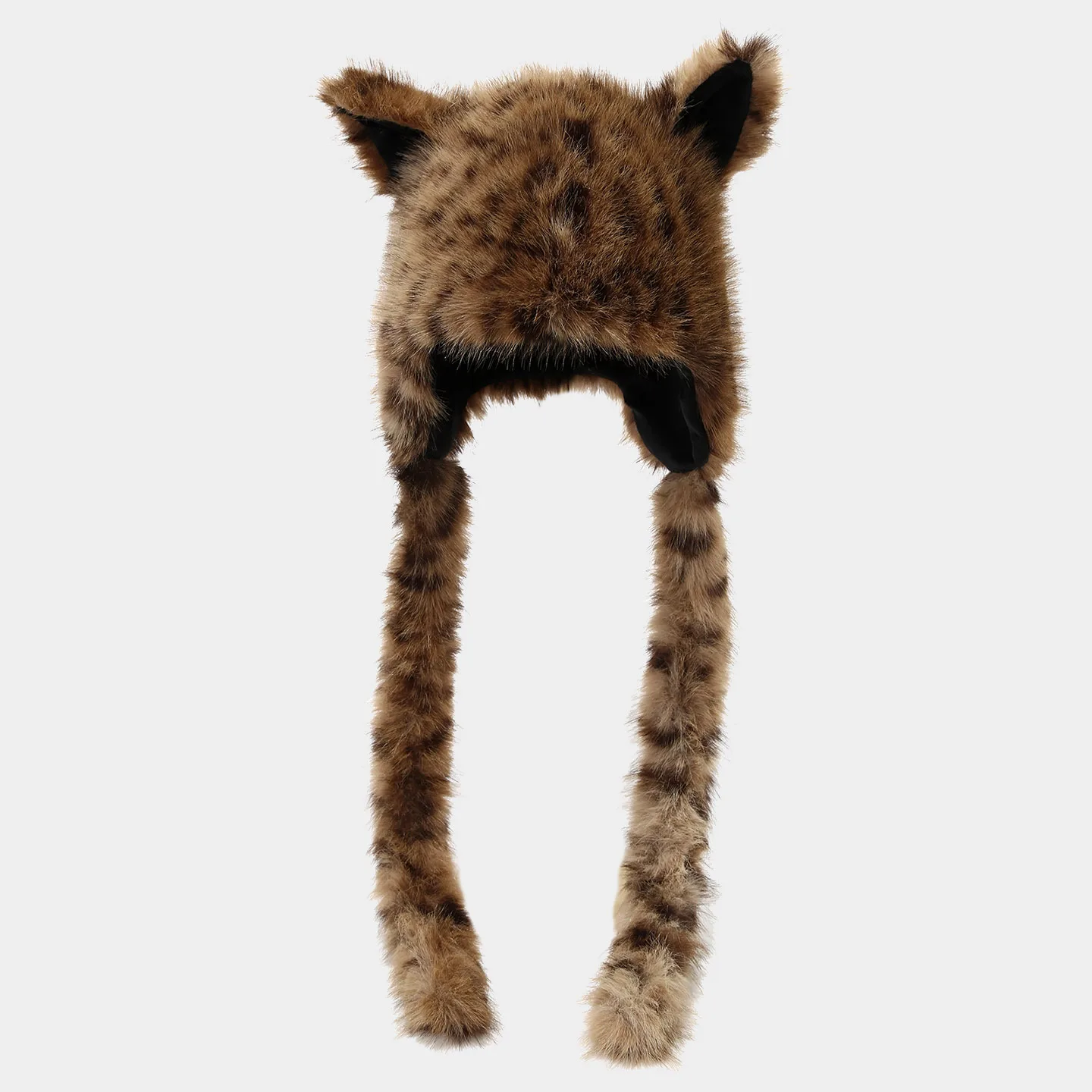 Plush Leopard Print Ear Flap Beanie Hat for Women Winter Warm Long Ear Braid Cap Cute Head Wrap Outdoor