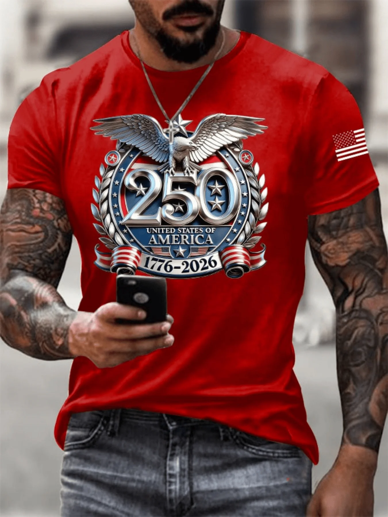 T-shirt décontracté à manches courtes pour homme, imprimé 3D Aigle 250e anniversaire des États-Unis, idéal pour l'été et le quotidien