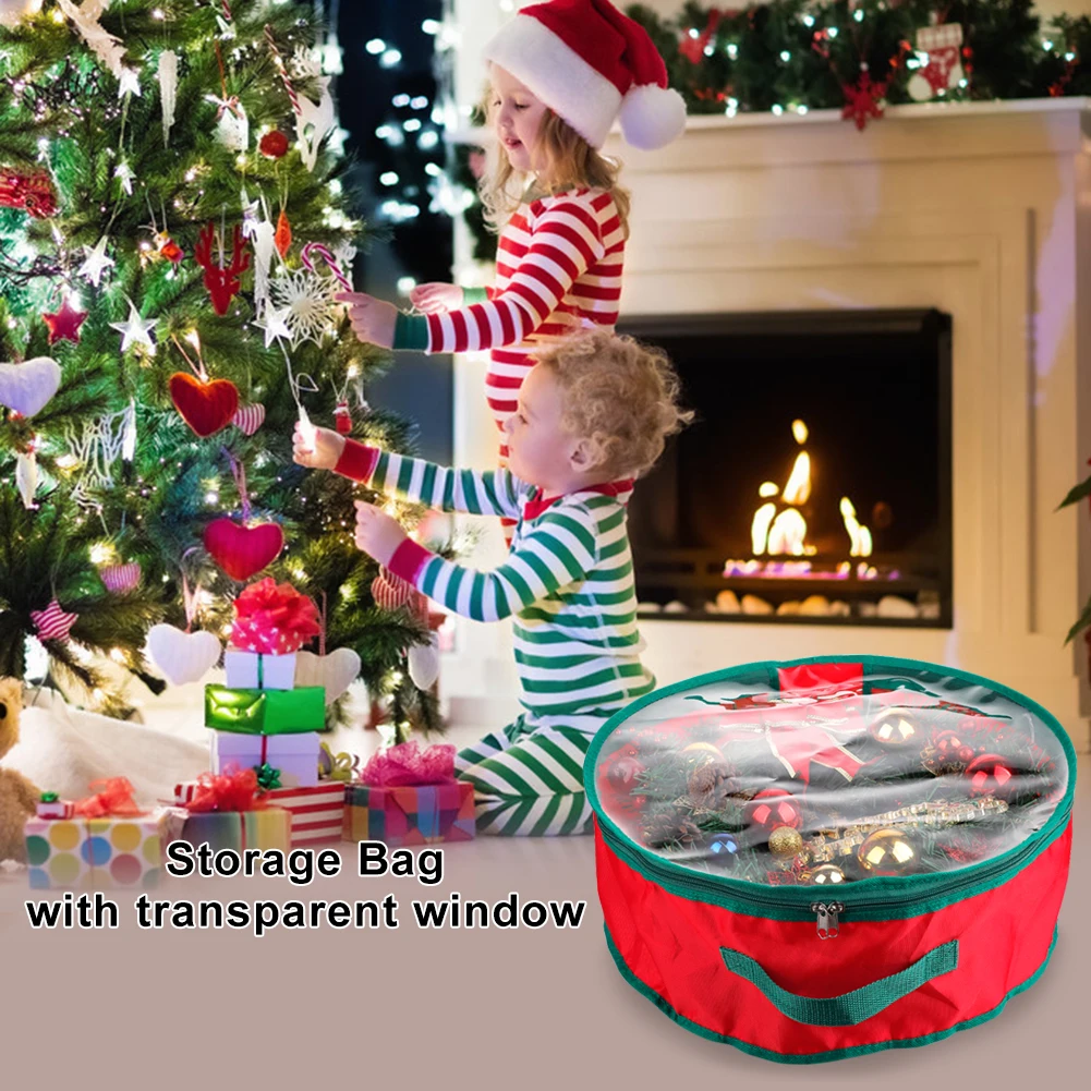 Folding Christmas Wreath Storage Bag With Handle Transparent Window Tear Resistant Clean Up Holiday Carry Container Party