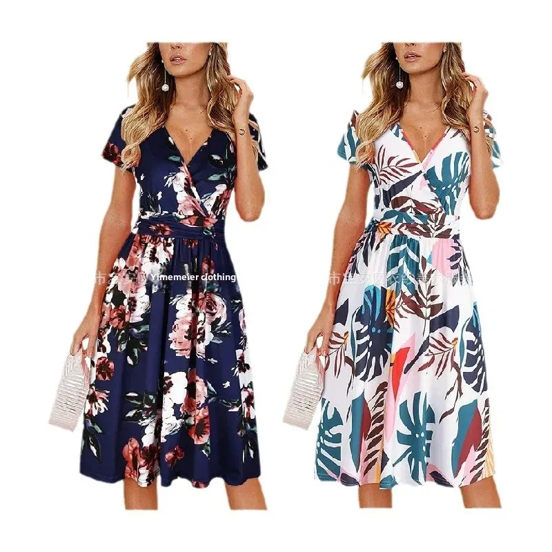 NOVEDAD DE VERANO 2024, vestido para mujer con estampado de Amazon, cuello en V, envoltura en el pecho, manga corta, bolso con apertura, falda media