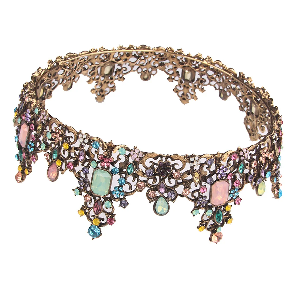 

Vintage Queen Crown Delicate Alloy Colorful Rhinestone Bride Wedding Hair Crown Party Costume Hair Accessories 16x16cm