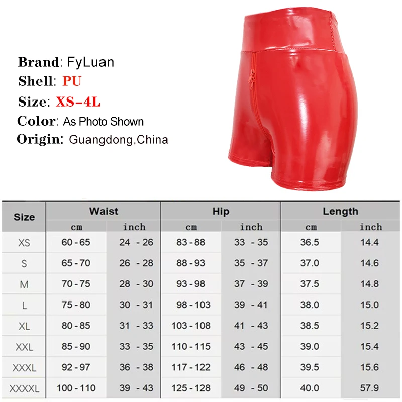 Calças curtas justas brilho couro pu vermelho zíper duplo feminino elástico cintura alta wetlook látex quente goth shorts clubwear