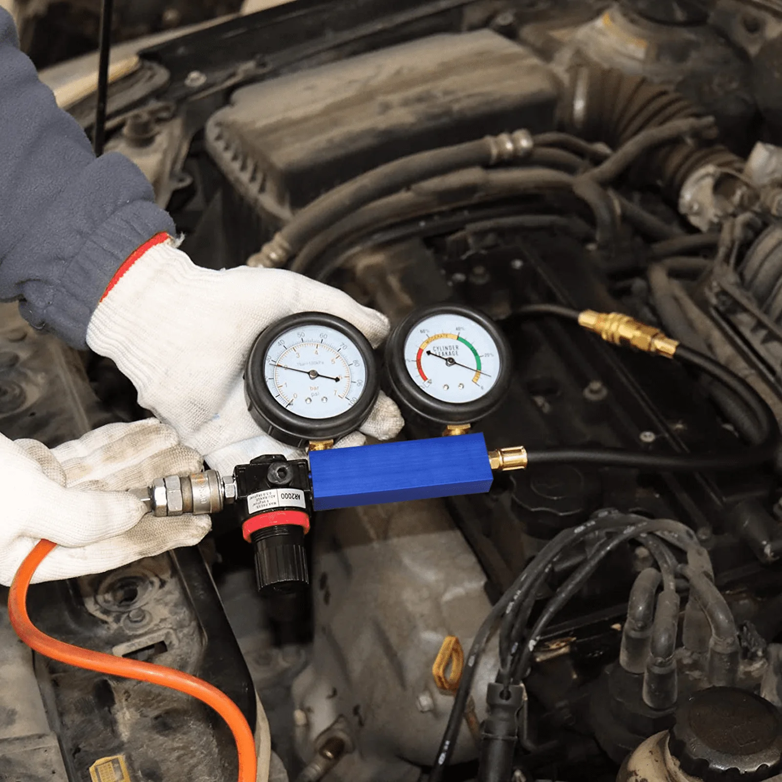 Zylinder-Leckage-Tester-Kit, Kompressionstester für Benzinmotoren, Dual-Manometer, Motorkompressions-Leckdown-Detektor für G