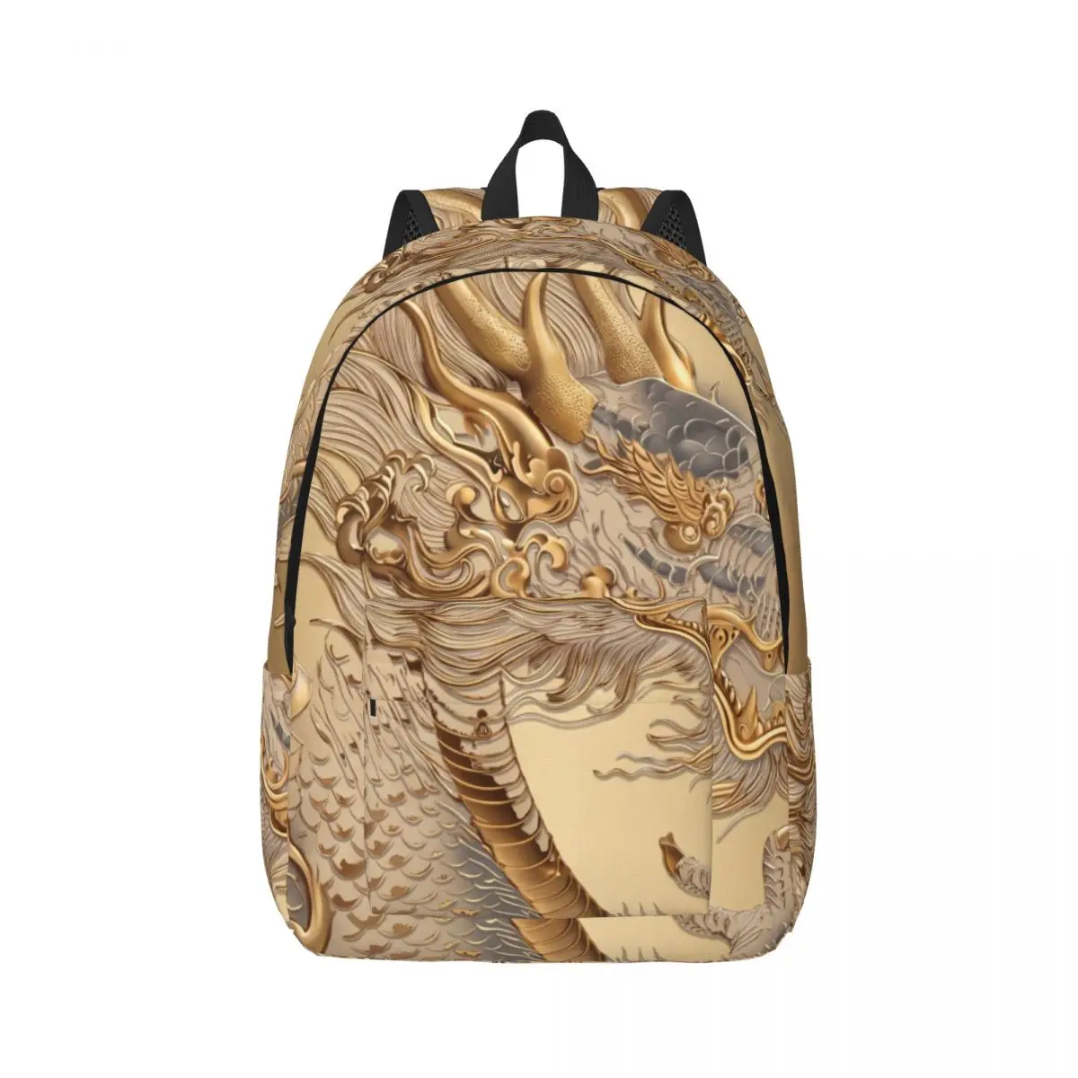 Dinosaur Print School Backpack Center Ornate Dragon Metallic Pattern Gold Grey Cream Large Bookbag for Primary Students Outdoor