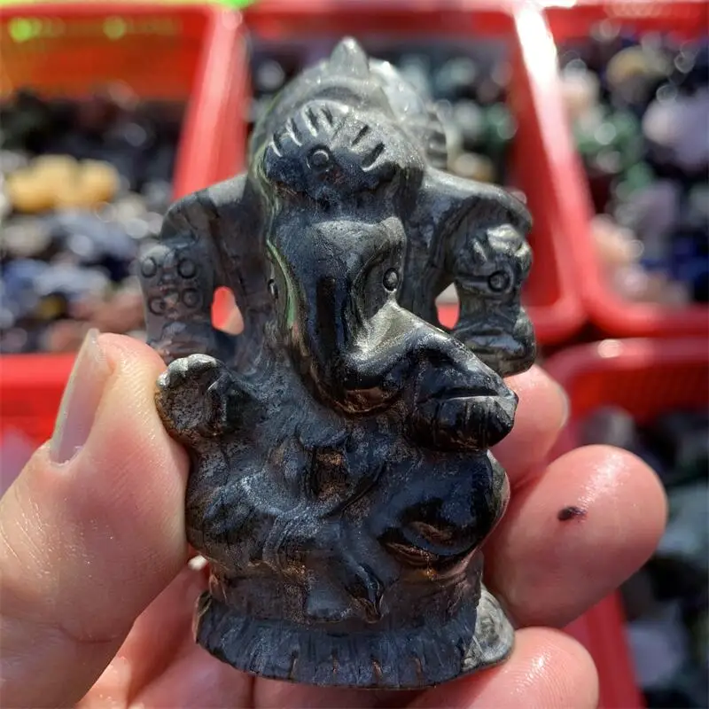 Natural Pyrite Ganesha Elephant Crystal Carving Figurine Office Desktop Furniture Home Decoration Gift 1pcs