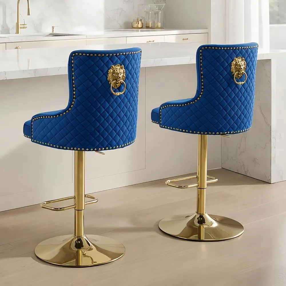 

Navy Blue Velvet Swivel Bar Stools with Lion Ring, Upholstered Counter Height Chairs, Set of 2