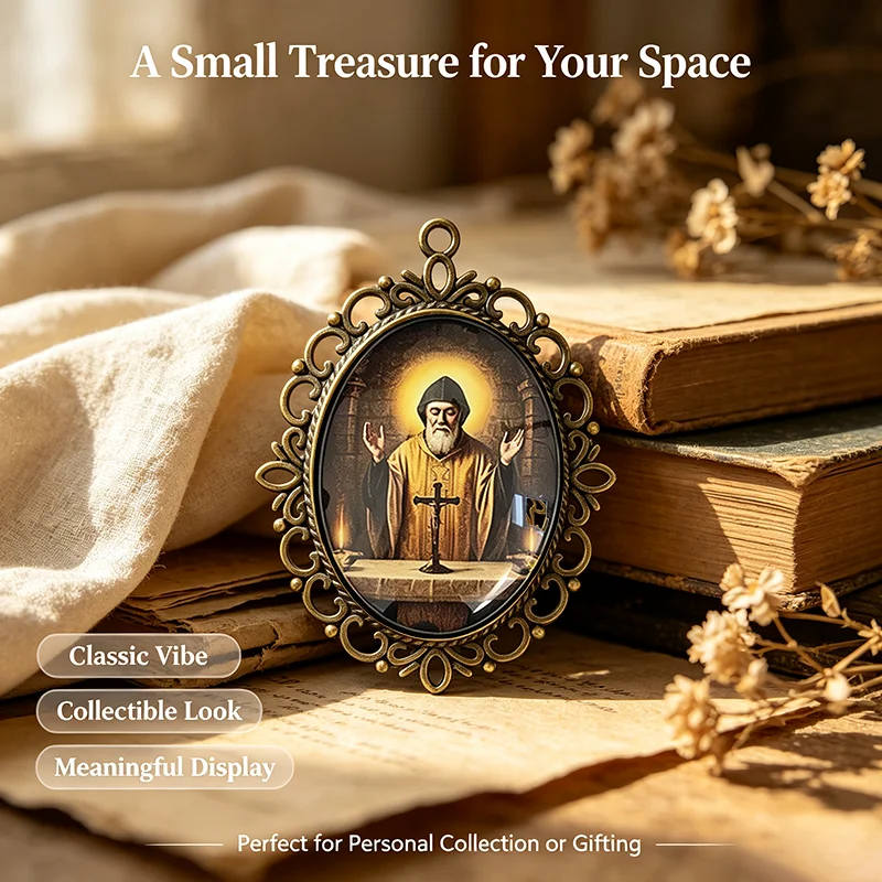 5Pcs Vintage Saint Benedict Oval Charms Antique Bronze Openwork Glass Cabochon Pendants, Catholic Christian DIY Rosary Jewelry M