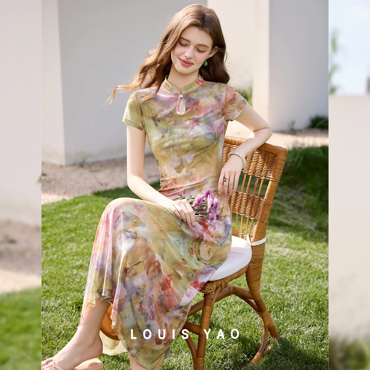 LOUIS YAO Printed Women's Matching Sets 2026 Summer New Chinese Style Gradient Print Hollow Out Elegant Outfit Two-Piece Set