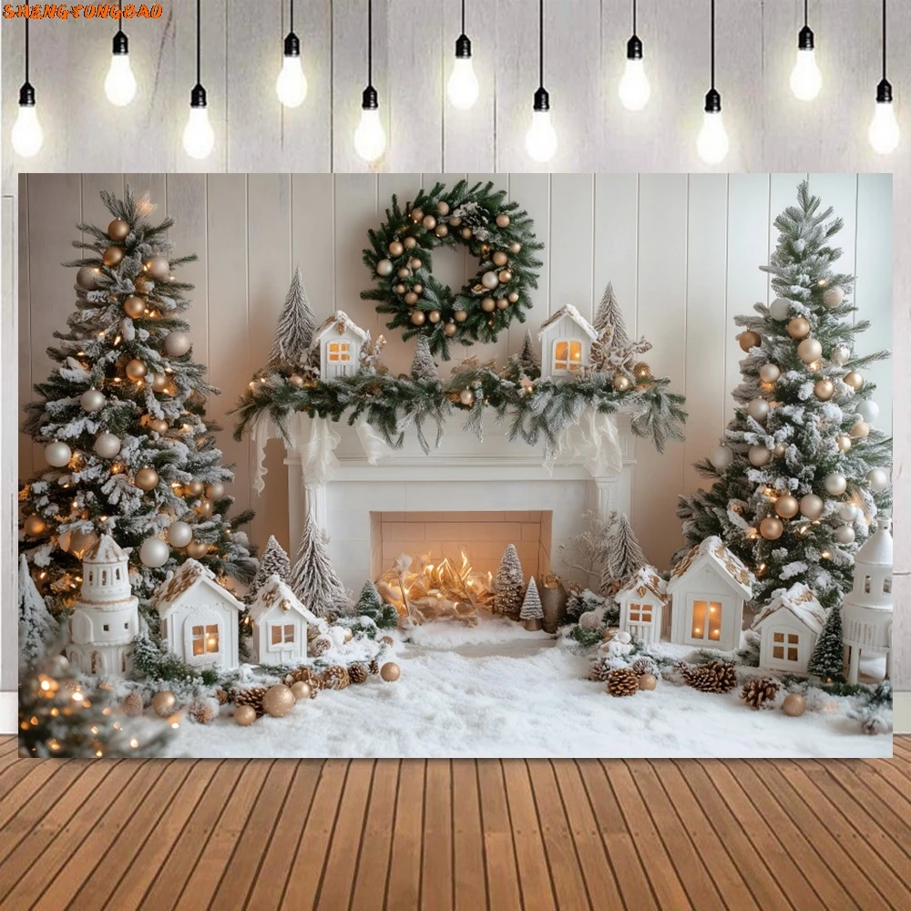 เตาผิงคริสต์มาสฉากหลัง Xmas Tree ของขวัญพวงหรีดหน้าต่างฉากภายในครอบครัวตกแต่งคริสต์มาสพื้นหลังการถ่ายภาพ