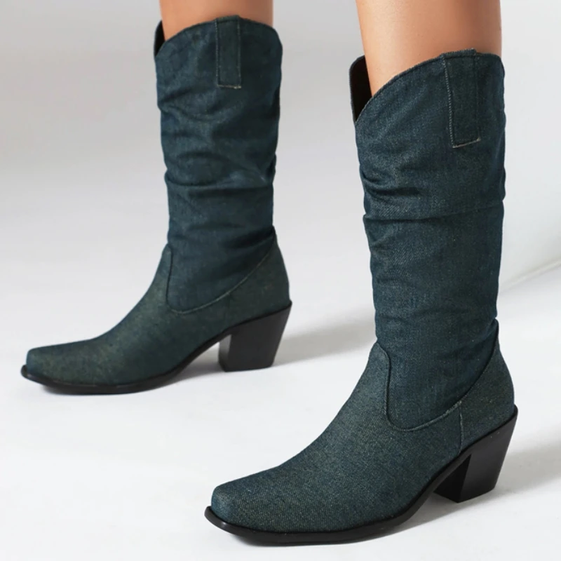 

Fashion Blue Jeans Women's Mid-calf Boots Autumn Winter Shoes Square Toe Pleated Block Low Heels Party Footwear Designer