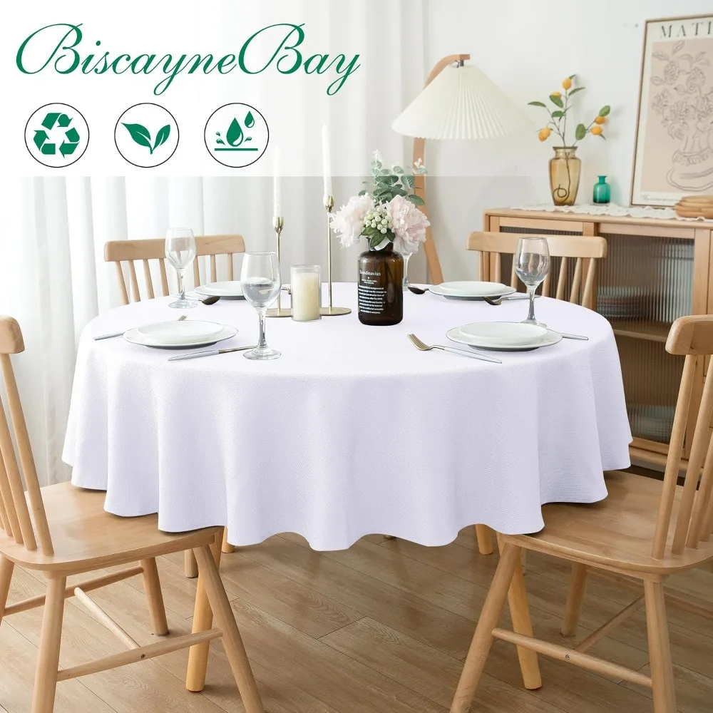 Water Resistant White Textured Fabric Round Tablecloth 60 Inch Diameter for Dining Kitchen Wedding Party Folding Table Cover Fits Tables 28 to 48 Inches