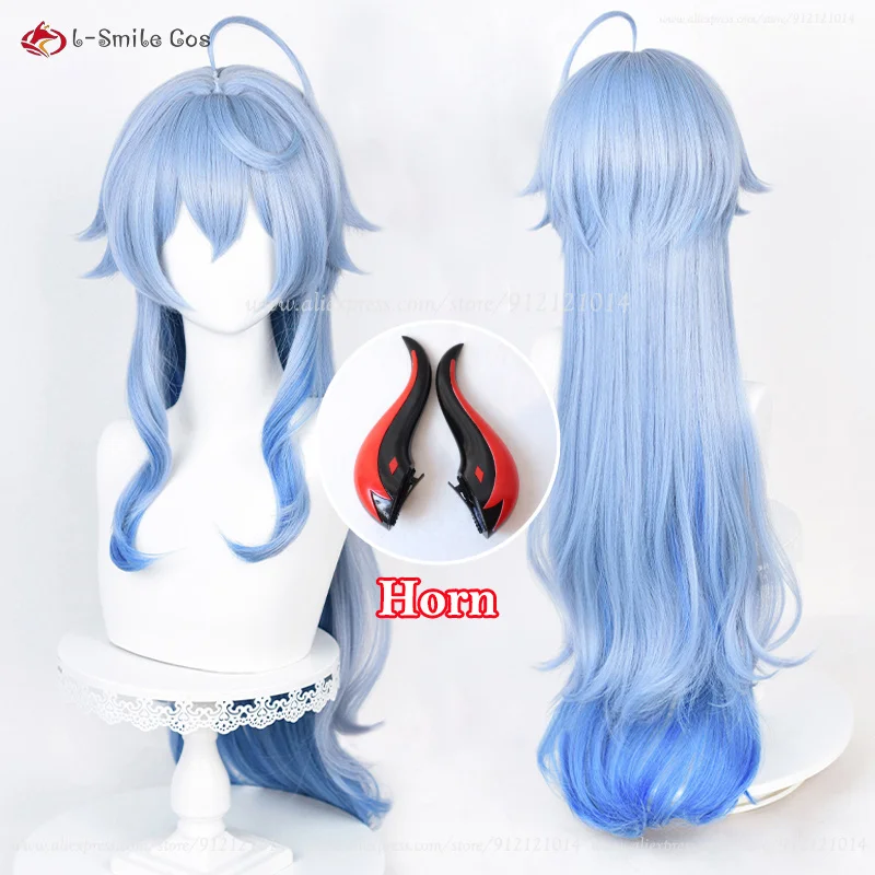 Perucas gradiente azul ganyu com Franja, peruca cosplay longa, aparada resistente ao calor, cabelo sintético, boné bonito, novo, 90cm