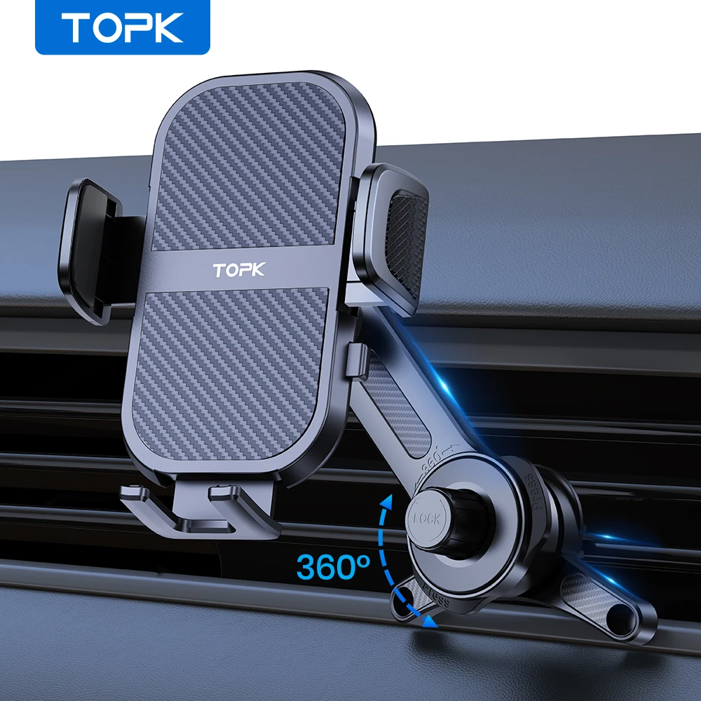 TOPK Extended Arm Car Vent Phone Mount Holder,3-Point Support Extendable Metal Hook Single-Hand Operation Phone Holder for Car