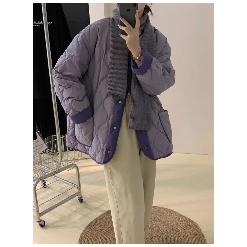 2025 Autumn and Winter Ethnic Style Splicing Round Neck Thick White Duck Down Cotton Jacket