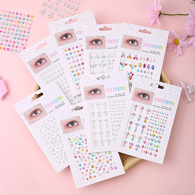 1 Sheet Crystal Tattoo Sticker 3D Glitter Eyebrow Makeup Decor Face Eyes Diamond Kids DIY Temporary Pearl Gem Rhinestone Paster