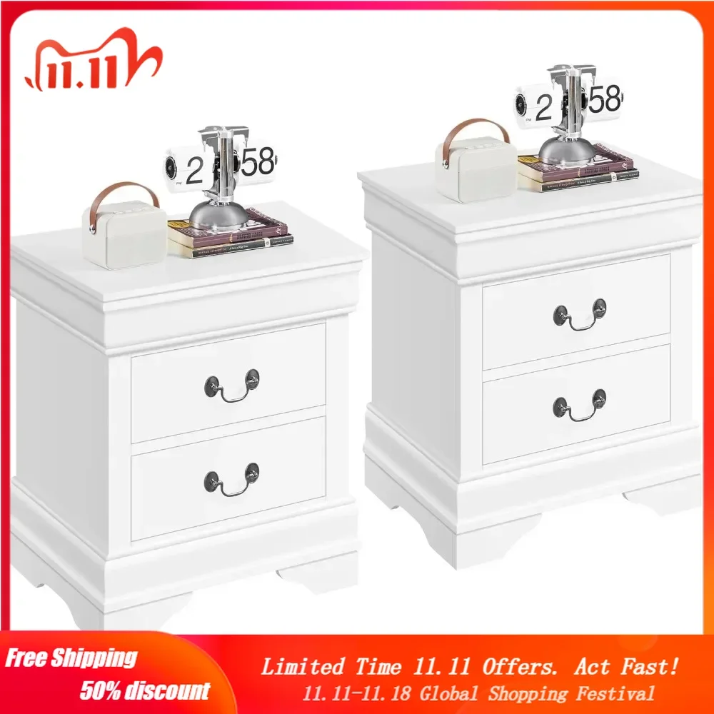 

Fully-Assembled Nightstands Set of 2, 2-Drawer Nightstands Large Classic Bedside Tables with Storage, Wooden Painted