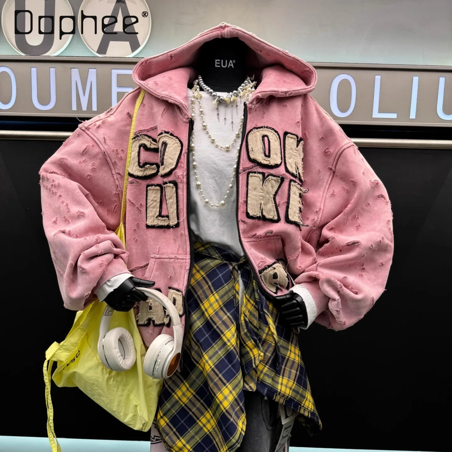 

American Retro Vintage Hoodies Women High Street Hooded Sweatshirt Jacket Autumn Winter New Trendy Brand Zip Up Hoodie