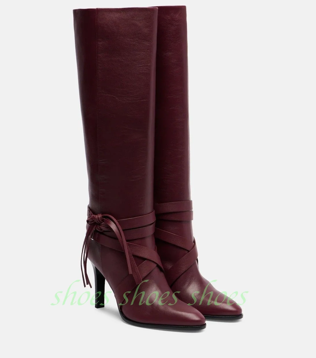 Burgundy Leather Knee Boots Wrap Strap Tassel Bow Decor Pointed Toe Stiletto High Heel Slip-On Elegant Party Women Tall Boots
