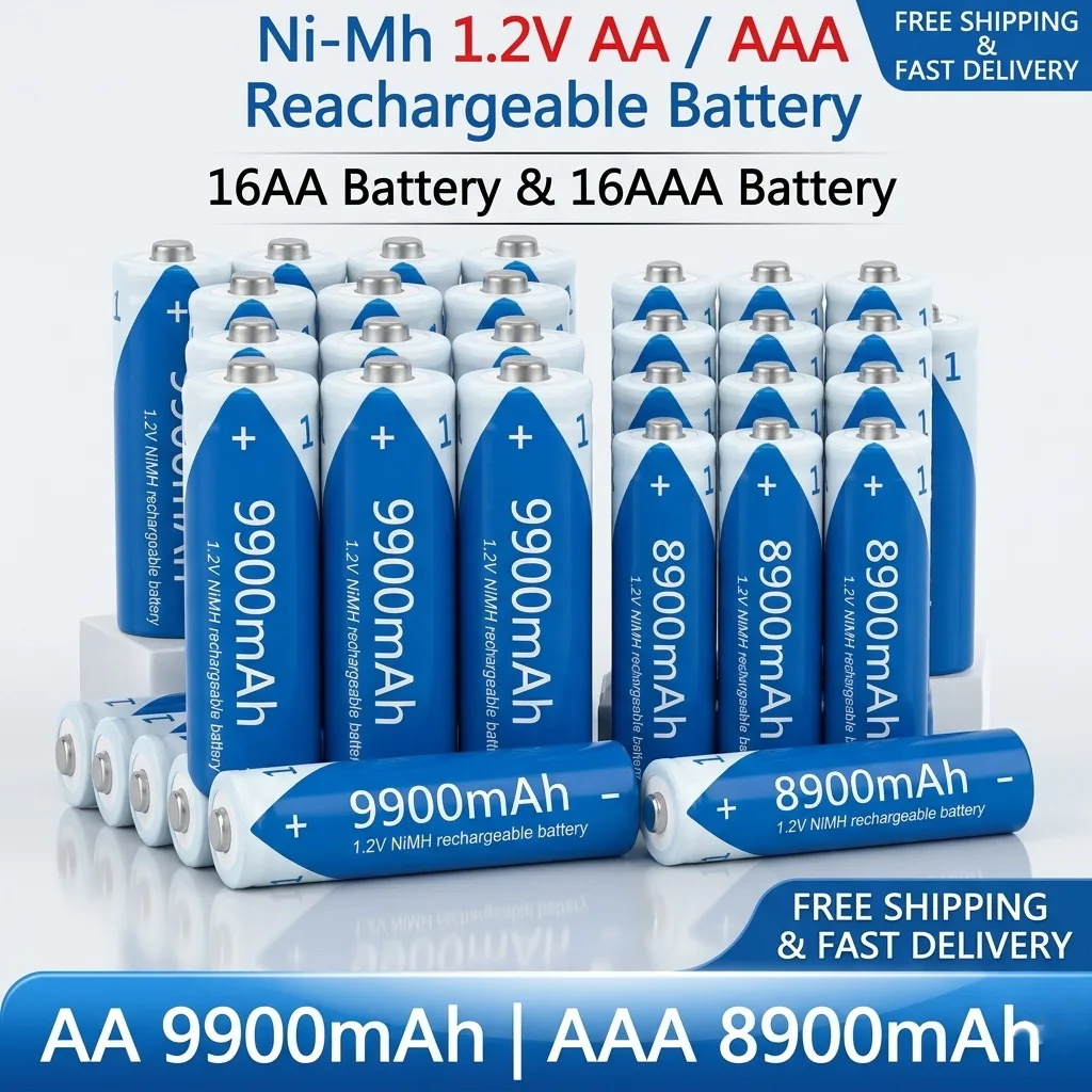 

9900mAh AA 8900mAh AAA 1.2V NI-MH Rechargeable Battery Pack, High Energy Density Replacement Battery for Toy Game Flashlight