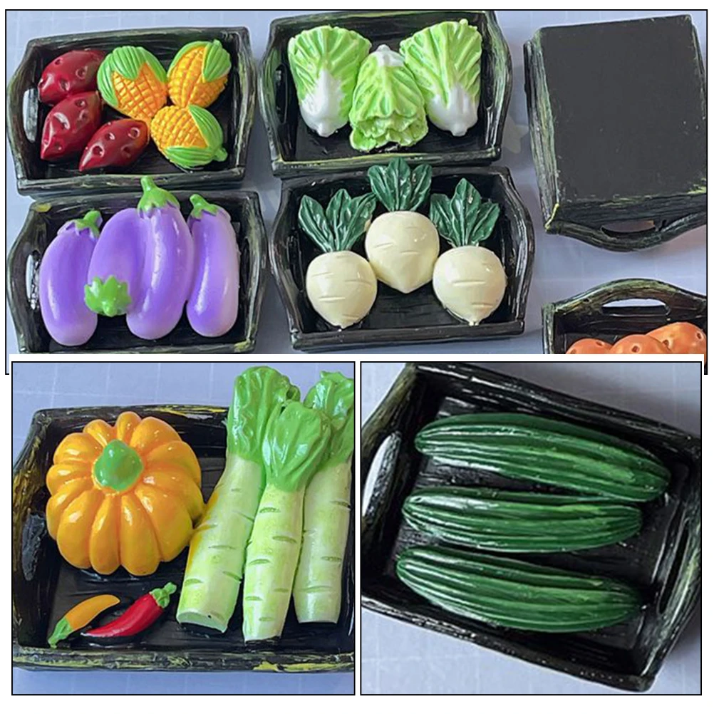 

4pcs Resin Ornaments Realistic Miniature Vegetable Basket Accessories for House Decor Lightweight Smooth Mini Vegetables