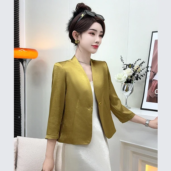 Insozkdg Letnia marynarka garniturowa Moda Prosta Ekskluzywna Błyszcząca Satynowa Krótka Marynarka Damska Odzież Dopasowana Jednolita Kolorowa Blezer Damski Top