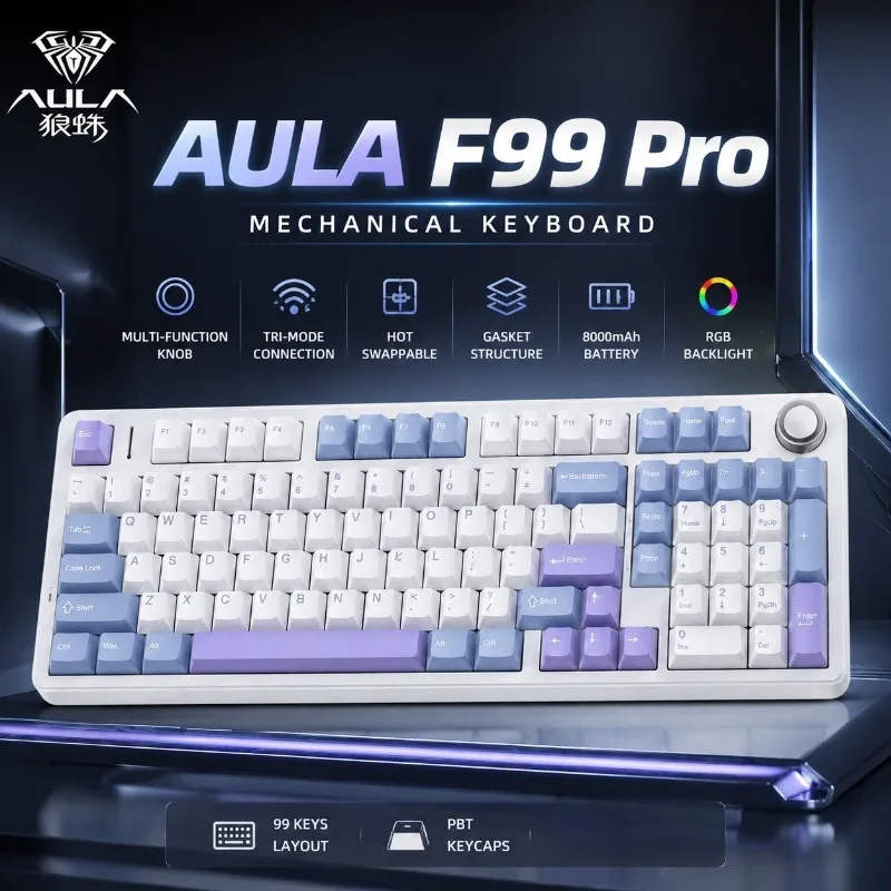 AULA F99 Pro Mechanical Keyboard Tri Mode Wireless Bluetooth 2.4G Wired Hot Swappable Gasket RGB Backlit 8000mAh Battery Gaming