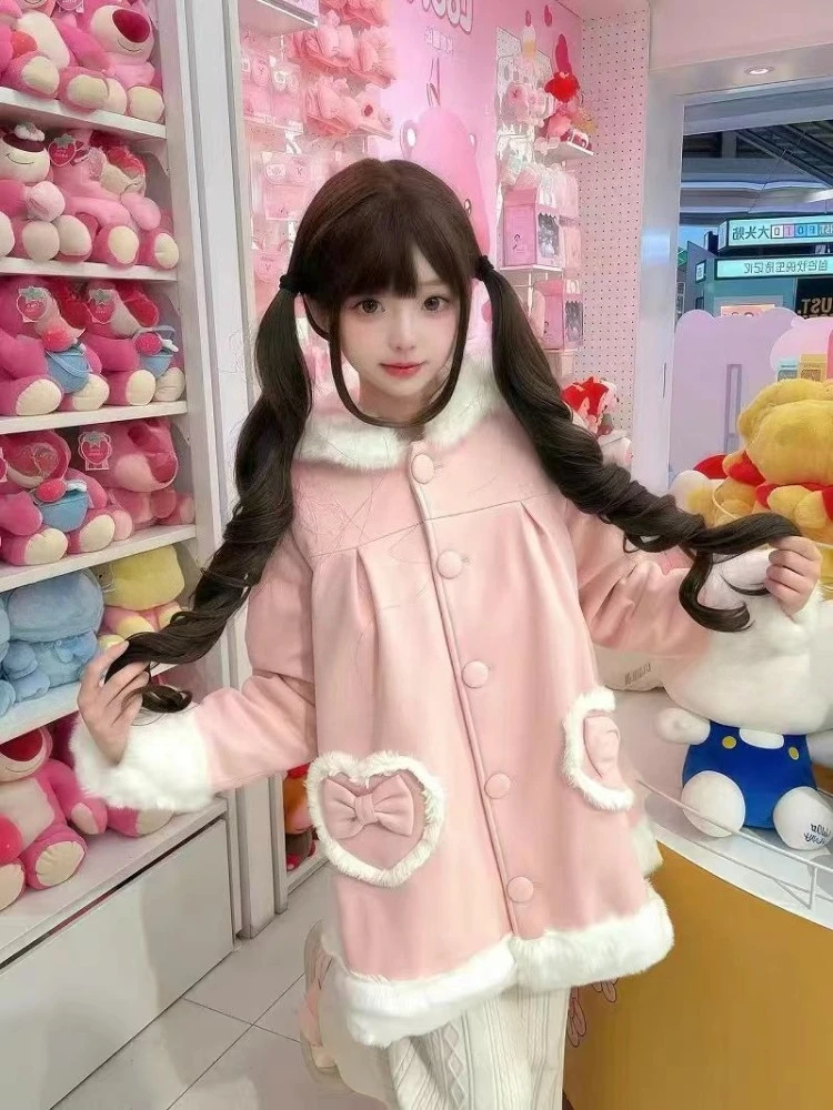 Winter Japanse Lolita losse roze wollen stoffen jas elegante zoete nieuwe lieve boog warme overjas mode kawaii bontkraag jas