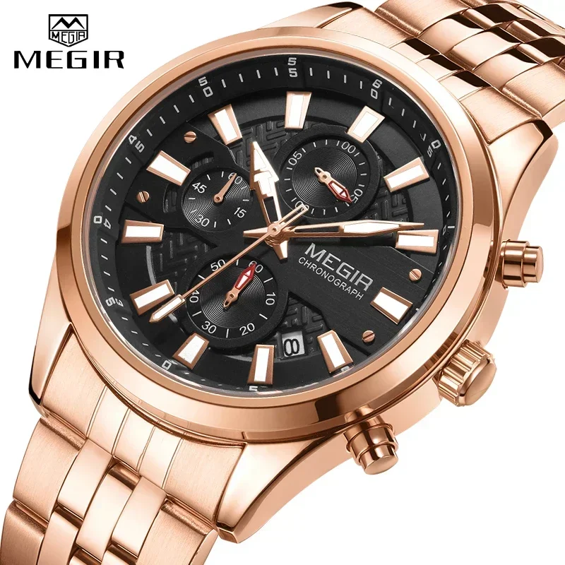 MEGIR New Fashion Mens Watches Chronograph Waterproof Stainless Steel Date Sports Quartz Watch Men Top Brand Luxury Wristwatch