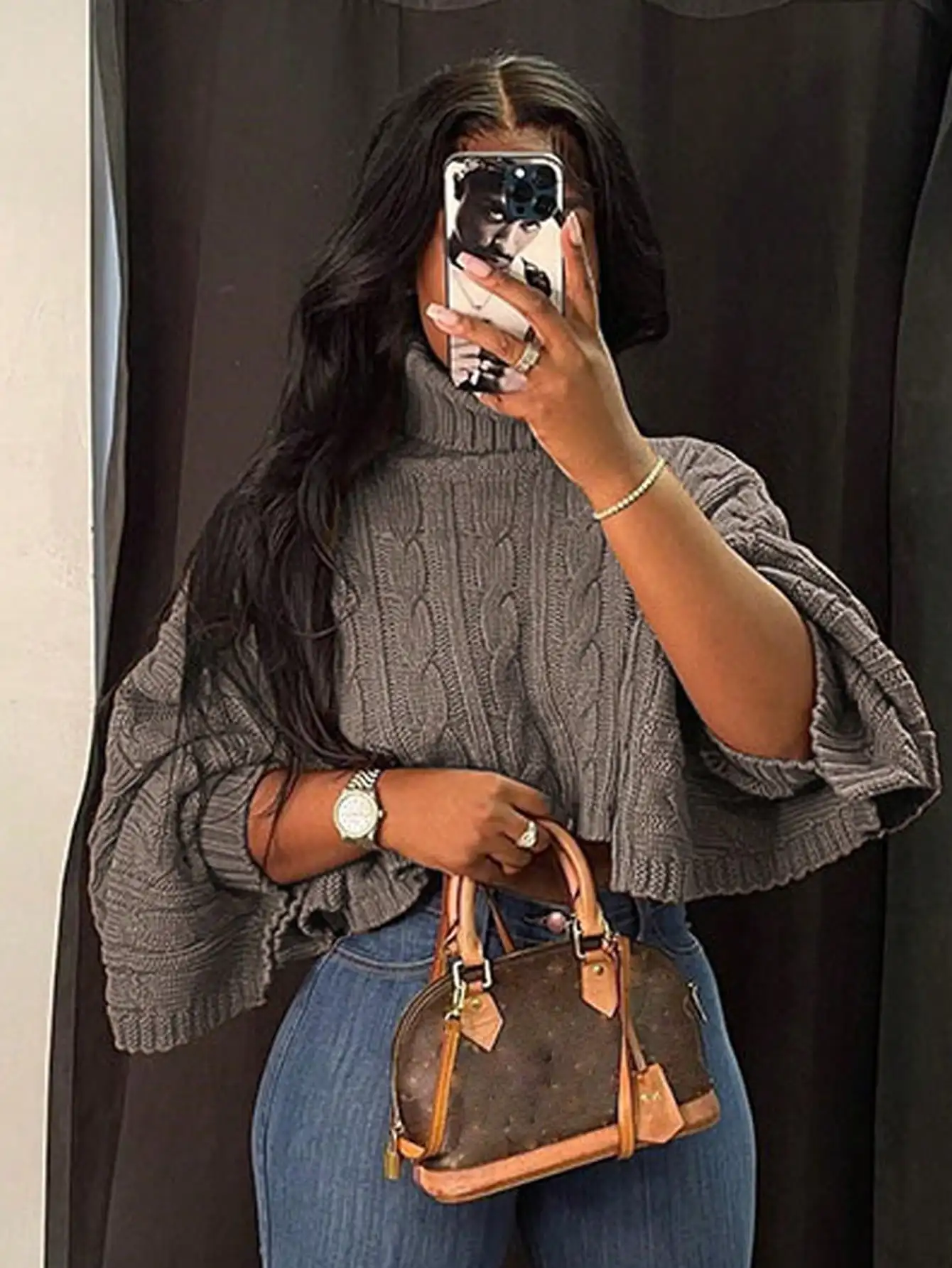 

Женский серый вязаный водолазка, укороченный свитер, свободный крой, рукава 3/4 колокольчика, осенне-зимний повседневный топ